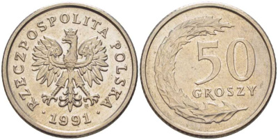 ПОЛЬША 50 ГРОШЕЙ 1991 MW KM 281 медно-никель 28-731