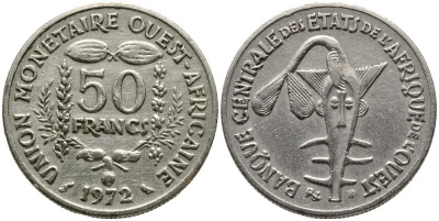 ВАЛЮТНЫЙ СОЮЗ СТРАН ЗАПАДНОЙ АФРИКИ 50 ФРАНКОВ 1972 KM 6 медно-никель 3336-214