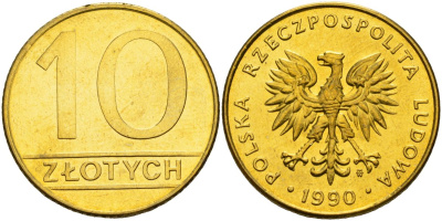 Польша 10 злотых 1990 MW, Демократическая Республика KM 152.2, Parchimowicz 244b латунь aUNC M56-14