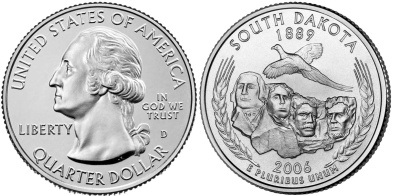 США 25 центов (квотер) 2006 D, серия штаты США, Южная Дакота KM 386 медь плакированная медно-никелем  UNC  M20-18