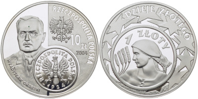 Польша 10 злотых 2004 MW, 80 лет истории польского злотого. KM 480 серебро PROOF 1074-8-11