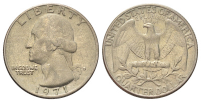США 25 центов (квотер, 1/4 доллара) 1971 D, Вашингтон KM 164a медь плакированная медно-никелем 4666-934