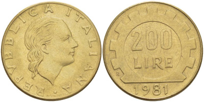 Италия 200 лир 1981 R, шестерня KM 105 алюминиевая бронза 4551-456