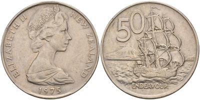 Новая Зеландия 50 центов 1975 Елизавета II (1952-2022), парусник Индевор KM 37.1 медно-никель    4599-1116