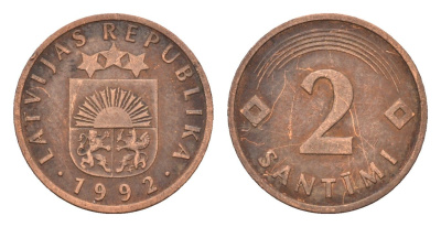 Латвия 2 сантима 1992 KM 21 сталь плакированная медью 105-511