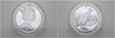 Остров Мэн 5 крон 1988 200 лет Австралии, кенгуру, дилижанс KM 285 серебро PROOF 01-019-11-1