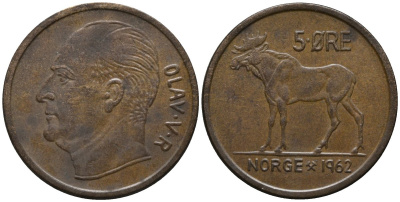 Норвегия 5 эре 1962 лось, Улаф V (1958-1991) KM 405 бронза 4577-743