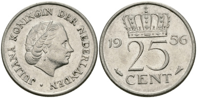 НИДЕРЛАНДЫ 25 ЦЕНТОВ 1956 ЮЛИАНА KM 183 никель 96-134