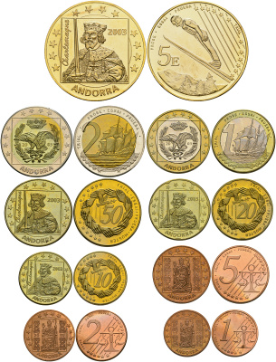 Андорра евронабор из 9 монет (с 5 евро) 2003 в оригинальной коробке, с сертификатом, PROBA, пробники    PROOF  5-4-6-13
