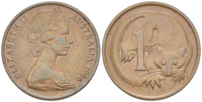 АВСТРАЛИЯ 1 ЦЕНТ 1966 ЕЛИЗАВЕТА II (1952-) МОЛОДОЙ ПОРТРЕТ, ОПОССУМ KM 62 бронза 4516-623