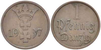Данциг 1 пфенниг 1937 J. D 2, KM 140 бронза 112-857