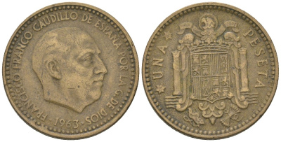 Испания 1 песета 1963 (64) Франсиско Франко (1939-1975) KM 775 алюминиевая бронза 4617-1143