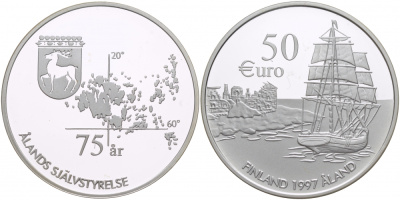 Финляндия 50 евро 1997 75 лет Аландскому самоуправлению, корабль серебро PROOF 1068-4-22