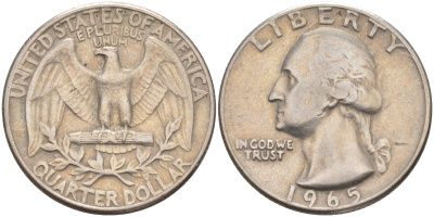 США 25 центов (квотер) 1965 Вашингтон KM 164a медь плакированная медно-никелем 08-547