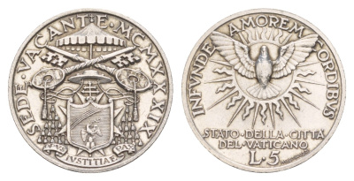 Ватикан 5 лир 1939 Вакантный престол KM 20 серебро UNC 1520-814