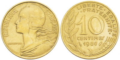 ФРАНЦИЯ 10 САНТИМОВ 1980 ТИП MARIANNE КМ 929, LE FRANC 144.20 алюминиевая бронза 110-124