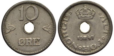 Норвегия 10 эре 1947 Хокон VII (1905-1957) KM 383 медно-никель 4549-956