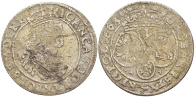 Польша 6 грошей (шостак) 1663 A-T, Ян II Казимир (1648-1668), вес 2,75 гр., легенда (IOAN CAS) KM 91, Kopinski 136.5b серебро 1517-941
