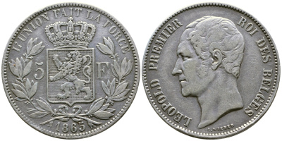 Бельгия 5 франков 1865 Леопольд I (1831-1865) KM 17 серебро 00-1067-6-12