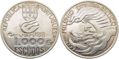 Португалия 1000 эскудо 1999 1000 лет плаванию по Атлантике, EXPO 98 KM 721 серебро 3896-1423