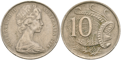 Австралия 10 центов 1976 Елизавета II (1952-), птица лирахвост KM 65 медно-никель 4364-2825