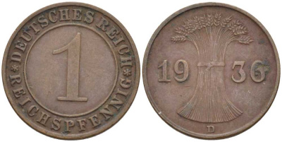 ГЕРМАНИЯ 1 РЕЙХСПФЕННИГ 1936 D KM 37, J. 313, Weege 2 бронза 211-131