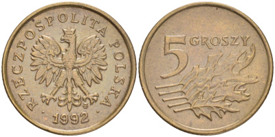 Польша 5 грошей 1992 MW KM 278 латунь 4516-1233