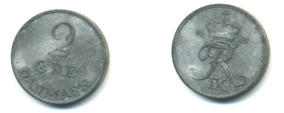 ДАНИЯ 2 ЭРЕ 1967 C; S, ФРЕДЕРИК IX (1947-1972) KM 840.2 цинк 176-534