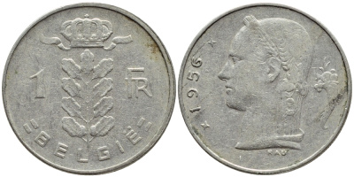 БЕЛЬГИЯ 1 ФРАНК 1956 BELGIE KM 143.1 медно-никель 4395-444