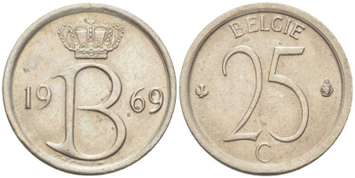 Бельгия 25 сантимов 1969 Belgie, Бодуэн I (1951-1993) KM 154.1 медно-никель 214-148