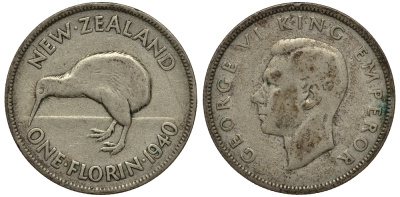 Новая Зеландия 1 флорин 1940 Георг VI (1936-1952), птичка киви KM 10.1 серебро 272-1511