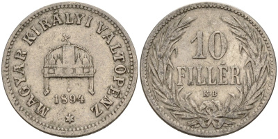 Венгрия 10 филлеров 1894 KB, Франц Иосиф I (1848-1916) KM 482 никель 4151-1061