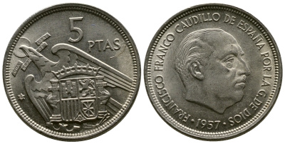 ИСПАНИЯ 5 ПЕСЕТ 1957 (58) ФРАНСИСКО ФРАНКО ДИКТАТОР ИСПАНИИ (1939-1975) KM 786 медно-никель UNC 3334-214