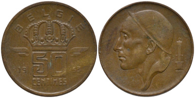 БЕЛЬГИЯ 50 САНТИМОВ 1953 BELGIE, БОДУЭН I (1951-1993) KM 145 бронза 4532-1034