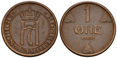 Норвегия 1 эре 1952 Хокон VII (1905-1957) KM 367 бронза 4602-251