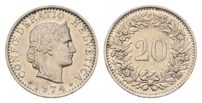 Швейцария 20 раппенов 1974 KM 29a медно-никель 4674-741