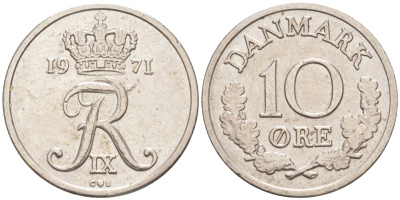 ДАНИЯ 10 ЭРЕ 1971 C; S, ФРЕДЕРИК IX (1947-1972) KM 849.1 медно-никель 105-527