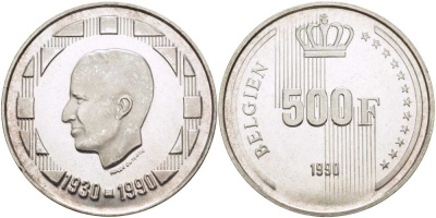 Бельгия 500 франков 1990 Belgien, 60 лет королю Бодуэну I KM 180 серебро 1519-132