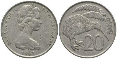 Новая Зеландия 20 центов 1967 Елизавета II (1952-2022), птичка киви KM 36.1 медно-никель 81-614