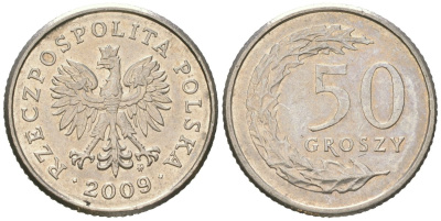 Польша 50 грошей 2009 MW Y 281 медно-никель UNC 4618-266
