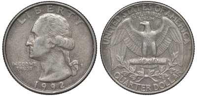 США 25 центов (квотер) 1992 P, Вашингтон KM A164a медь плакированная медно-никелем 4543-1252