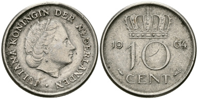 НИДЕРЛАНДЫ 10 ЦЕНТОВ 1964 ЮЛИАНА KM 182 никель 96-464