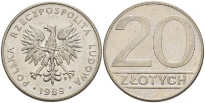 ПОЛЬША 20 ЗЛОТЫХ 1989 MW KM 153.2 медно-никель 77-723