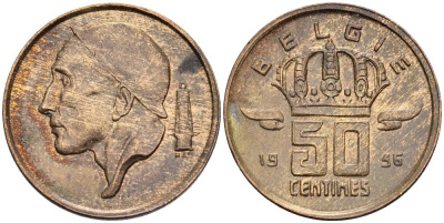 БЕЛЬГИЯ 50 САНТИМОВ 1956 BELGIE KM 149.1 бронза 4528-958