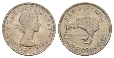 Новая Зеландия 1 флорин = 2 шиллинга 1963 Елизавета II (1952-2022), птичка киви KM 28.2 медно-никель UNC 4650-815