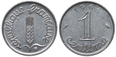 Франция 1 сантим 1964 пятая республика KM 928, Le Franc 106.8 нержавеющая сталь 4124-358