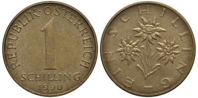 АВСТРИЯ 1 ШИЛЛИНГ 1990 KM 2886 алюминиевая бронза 4182-326
