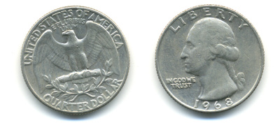 США 25 центов (квотер) 1968 Вашингтон KM 164а медь плакированная медно-никелем 93-1123