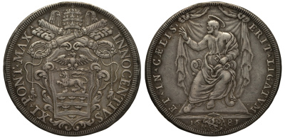 Ватикан 1 пиастр 1681 Иннокентий XII, Святой Петр Dav. 4090, Muntoni 32 серебро 00-000-00