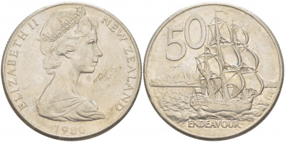 Новая Зеландия 50 центов 1980 Елизавета II (1952-2022), парусник Индевор KM 37.1 медно-никель 215-431